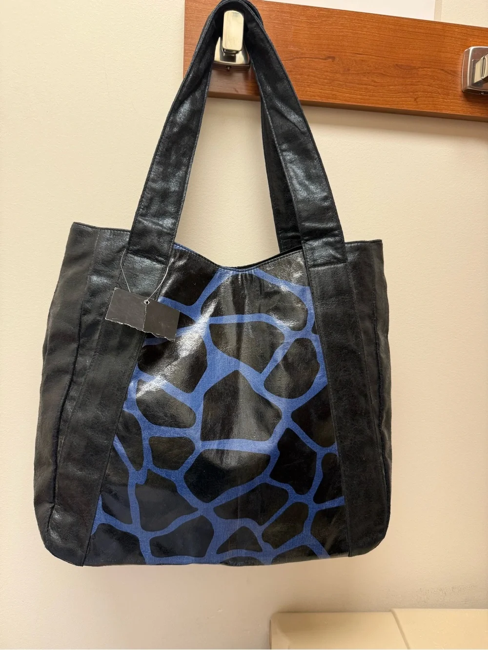 Braciano Black Tote Bag with Blue Pattern NWT